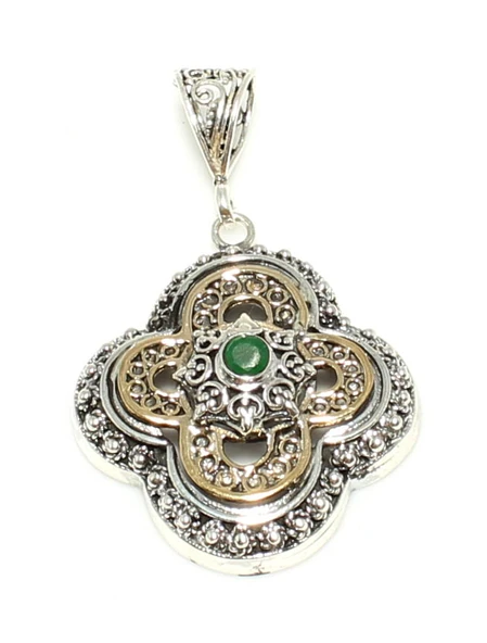 925 Ayar Gümüş ve Bronz Karışımı Konstantinapol Tasarım Kolye Ucu, Yeşil Taşlı - Resim 3