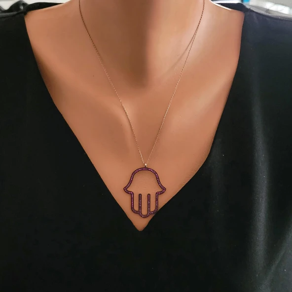 925 Ayar Gümüş Yakut Taşlı El Modeli Kolye, Pembe ürün görseli