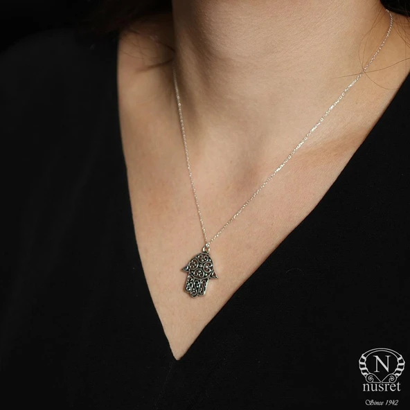 925 Ayar Gümüş Desenli Fatma Eli Modeli Kolye, Ufak - Resim 3