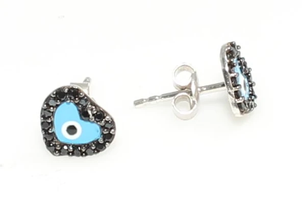 925 Ayar Gümüş Minik Kalp Küpe, Beyaz - Siyah Taş - Resim 3