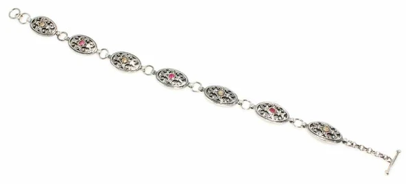 925 Ayar Gümüş ve Bronz Karışımı Oval Parçalı Kırmızı Taşlı Antik Bileklik - Resim 2