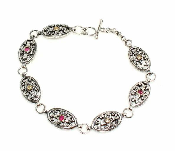 925 Ayar Gümüş ve Bronz Karışımı Oval Parçalı Kırmızı Taşlı Antik Bileklik ürün görseli