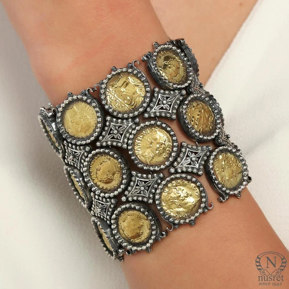 925 Ayar Gümüş Konstantinapol Tasarım Paralı Antik Bileklik ürün görseli 1