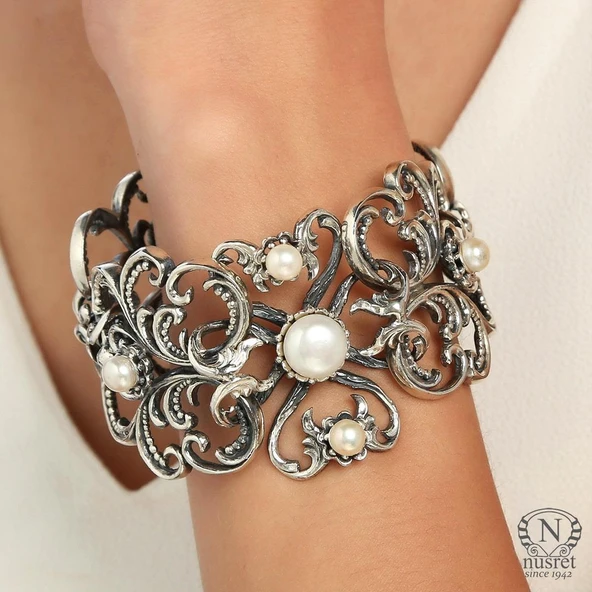 Gümüş İnci Taşlı Konstantinapol Tasarım Antik Bizans Bilezik ürün görseli
