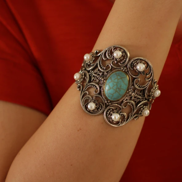 925 Ayar Gümüş Firuze Taşlı Konstantinapol Tasarım Bizans Bilezik ürün görseli