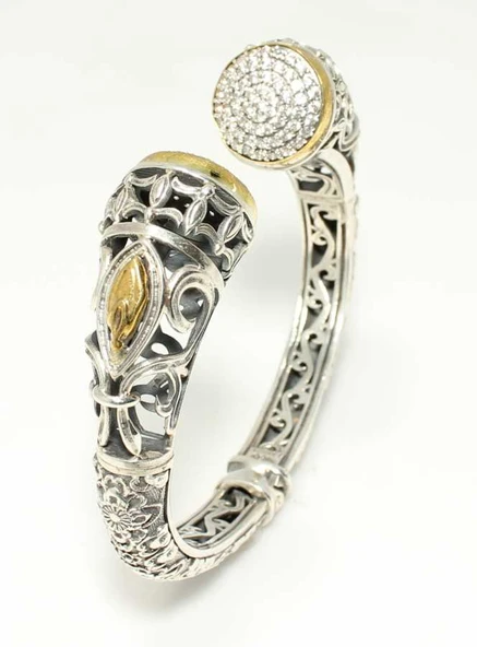 Gümüş Konstantinapol Tasarım Taşlı Antik Bizans Bilezik - Resim 2