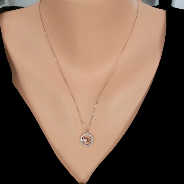 925 Ayar Gümüş Vav Harfli Kolye, Pembe - Beyaz Taş ürün görseli 1