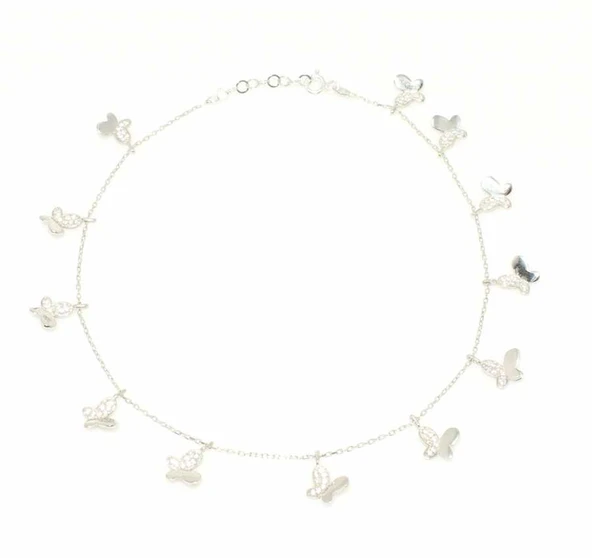 925 Ayar Gümüş 12 Kelebekli Halhal, Beyaz - Beyaz Taş ürün görseli 1