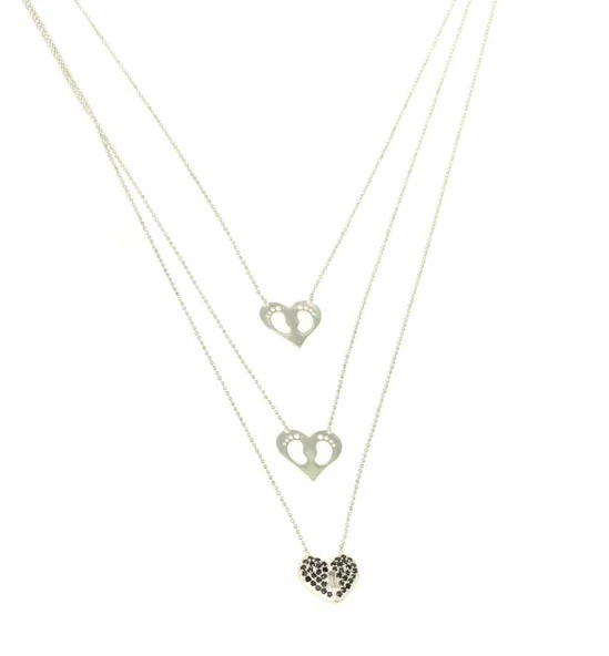 925 Ayar Gümüş Ayak İzi ve Kalp Kolye - Resim 2