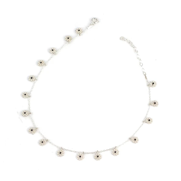 925 Ayar Gümüş Siyah Taş Kar Tanesi Halhal, Beyaz - Resim 2