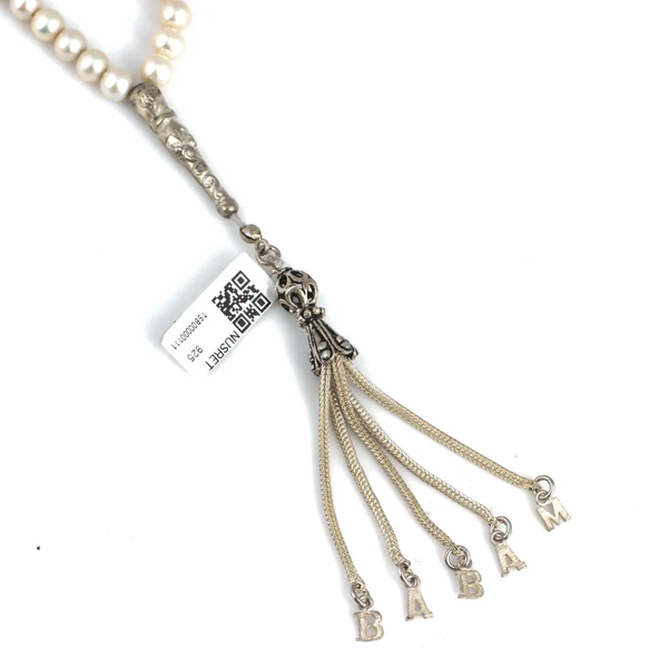 Küre Kesim İnci Doğaltaşlı Tesbih, Babam Yazılı Gümüş Püskül - Resim 3