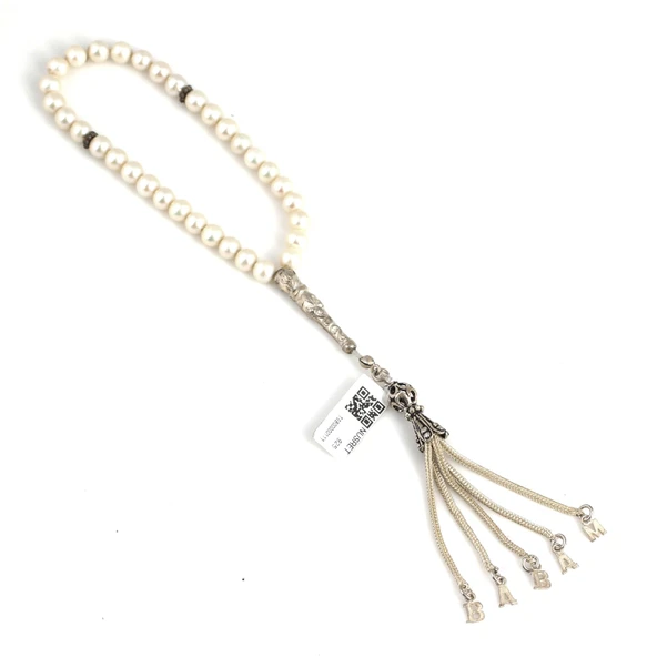 Küre Kesim İnci Doğaltaşlı Tesbih, Babam Yazılı Gümüş Püskül - Resim 2