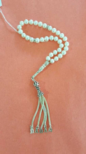 Küre Kesim İnci Doğaltaşlı Tesbih, Babam Yazılı Gümüş Püskül - Resim 6