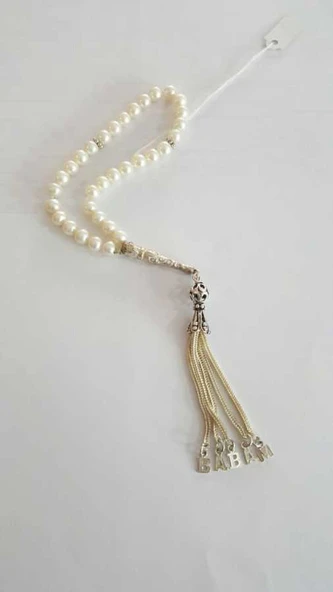 Küre Kesim İnci Doğaltaşlı Tesbih, Babam Yazılı Gümüş Püskül - Resim 5