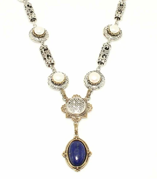 925 Ayar Gümüş Antik Bizans Dönemi Lapis ve İnci Kolye - Resim 3