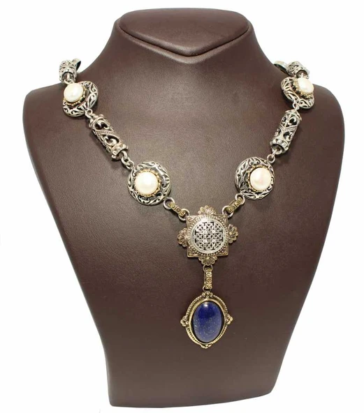 925 Ayar Gümüş Antik Bizans Dönemi Lapis ve İnci Kolye - Resim 2