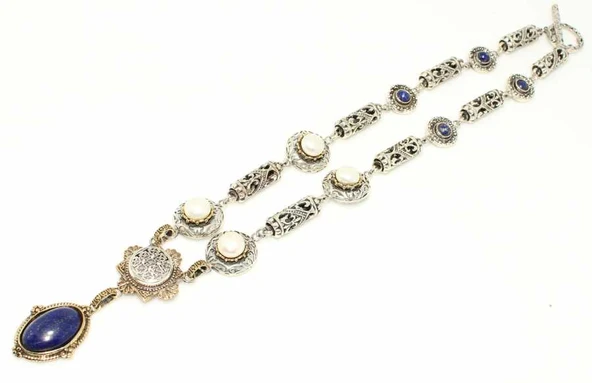 925 Ayar Gümüş Antik Bizans Dönemi Lapis ve İnci Kolye - Resim 5