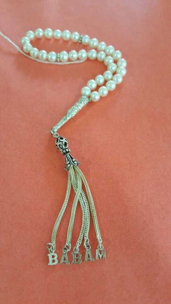 Küre Kesim İnci Doğaltaşlı Tesbih, Babam Yazılı Gümüş Püskül - Resim 4