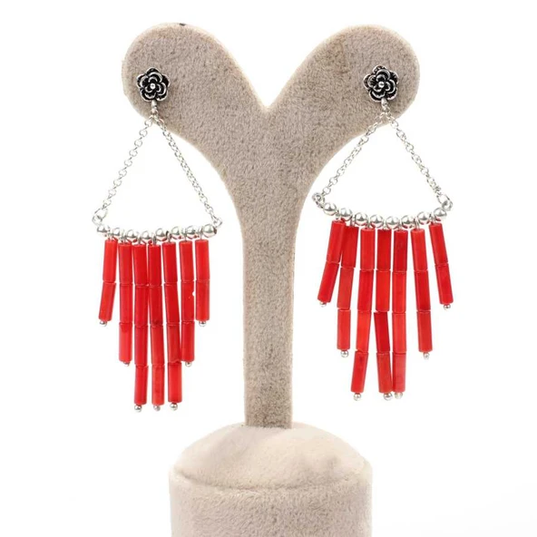 925 Ayar Gümüş Çubuk Mercan Küpe - Resim 4