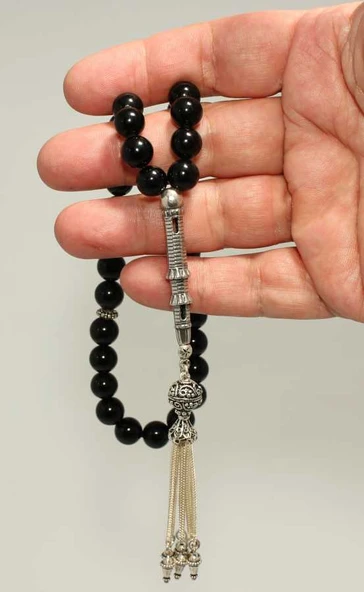 Siyah Oniks Doğaltaş Gümüş Tesbih - Resim 2