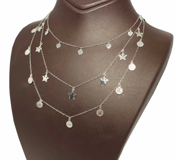 925 Ayar Gümüş Kalp, Yıldız Paralı 3 Zincir Kolye - Resim 3