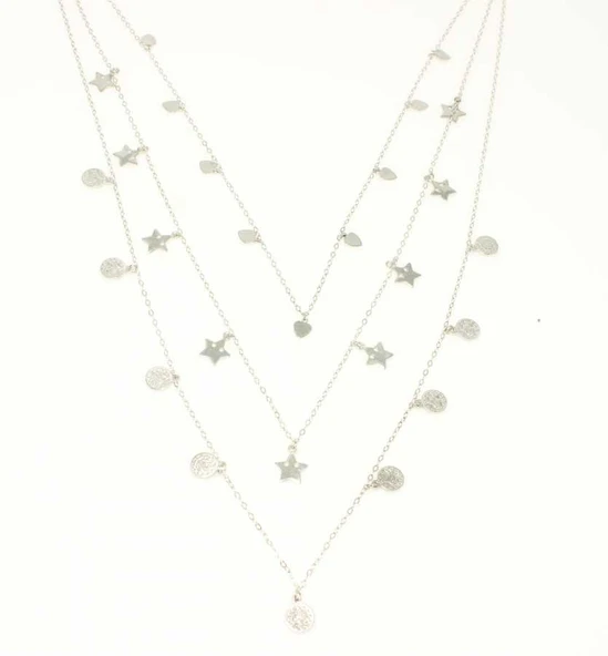 925 Ayar Gümüş Kalp, Yıldız Paralı 3 Zincir Kolye - Resim 2