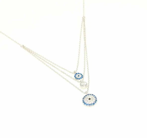 925 Ayar Gümüş Nazar Boncuklu Ve Taşlı Kolye ürün görseli