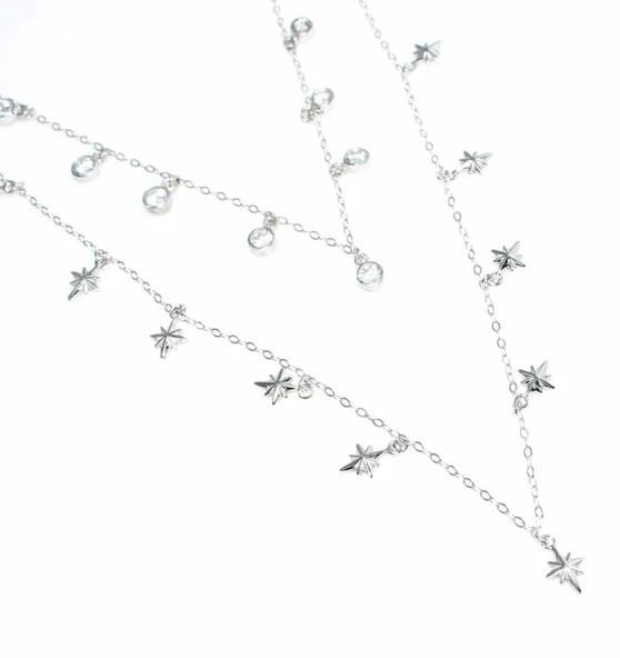 925 Ayar Gümüş Kuzey Yıldızı Ve Taşlı 2 Zincir Kolye ürün görseli