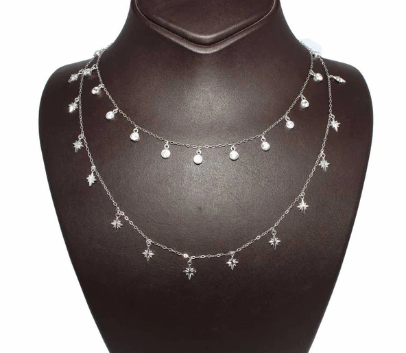 925 Ayar Gümüş Kuzey Yıldızı Ve Taşlı 2 Zincir Kolye - Resim 2