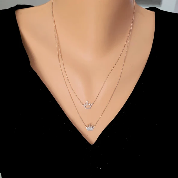 925 Ayar Rose Gümüş Taç 2 Zincir  Kolye ürün görseli