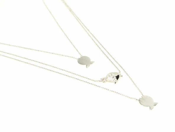 925 Ayar Gümüş Balık 3 Zincir  Kolye - Resim 3