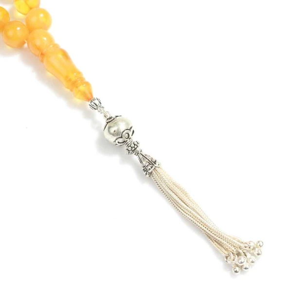 925 Ayar Gümüş Püskülü Sarı Sıkma Kehribar Tesbih - Resim 4