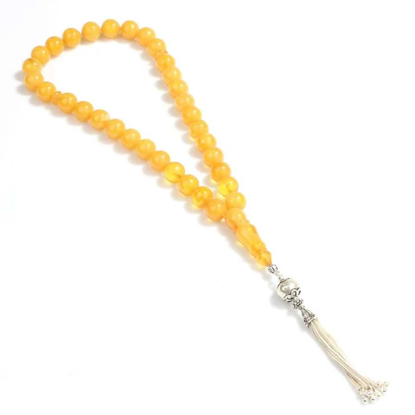 925 Ayar Gümüş Püskülü Sarı Sıkma Kehribar Tesbih - Resim 3