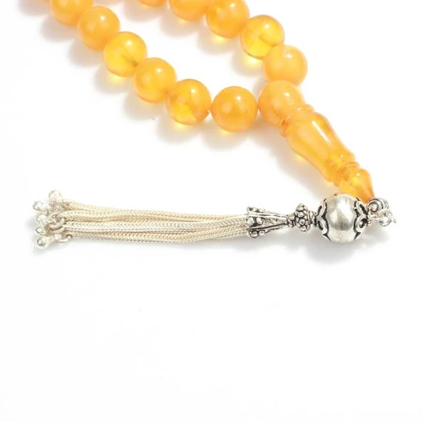 925 Ayar Gümüş Püskülü Sarı Sıkma Kehribar Tesbih - Resim 2