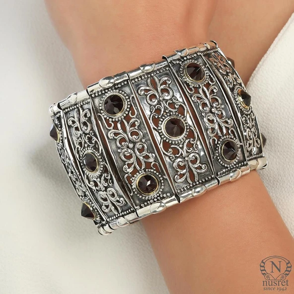 925 Ayar Gümüş Garnet Taşlı Paftalı Antik Bizans Bileklik ürün görseli
