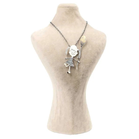 925 Ayar Gümüş Elinde Balon Tutan Kız Elişi Broş Kolye - Resim 2