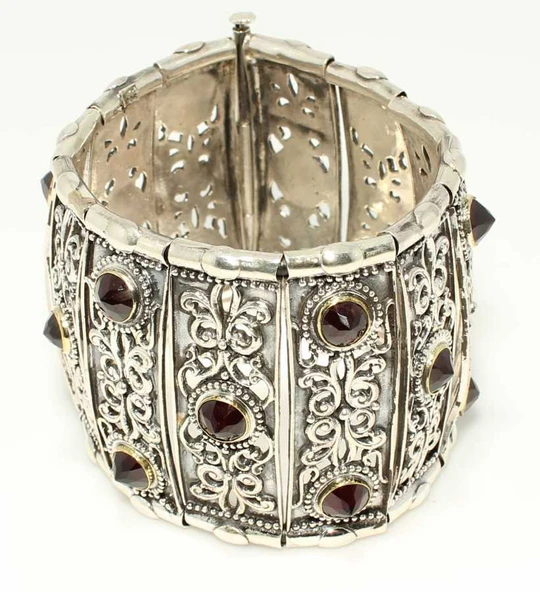 925 Ayar Gümüş Garnet Taşlı Paftalı Antik Bizans Bileklik - Resim 3