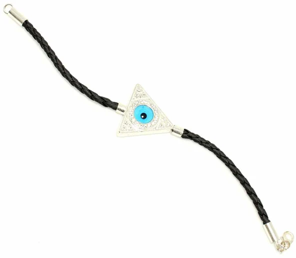 925 Ayar Gümüş Üçgen Nazar Boncuklu Deri İpli Bileklik - Resim 4