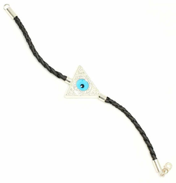 925 Ayar Gümüş Üçgen Nazar Boncuklu Deri İpli Bileklik - Resim 5