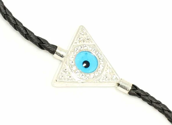 925 Ayar Gümüş Üçgen Nazar Boncuklu Deri İpli Bileklik - Resim 2