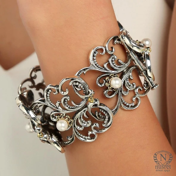 925 Ayar Gümüş İnci Taşlı Antik Bizans Bilezik ürün görseli