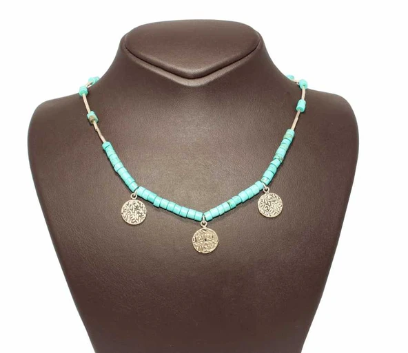 925 Ayar Gümüş Turkuaz Taşlı Para Kolye - Resim 2