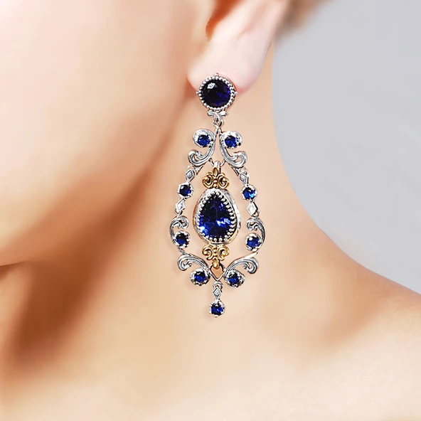 925 Ayar Gümüş ve Bronz Karışımı Mavi Safir Taşlı Otantik Küpe - Resim 5