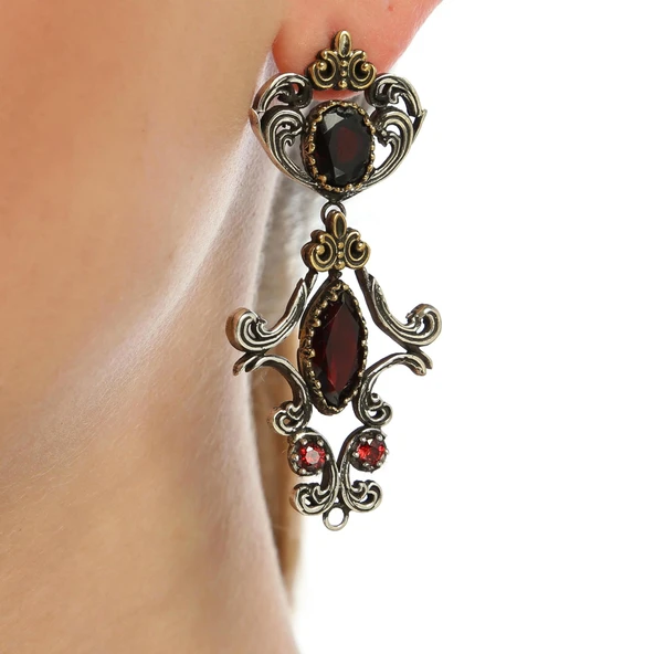 925 Ayar Gümüş ve Bronz Karışımı Garnet Taşlı Otantik Küpe ürün görseli