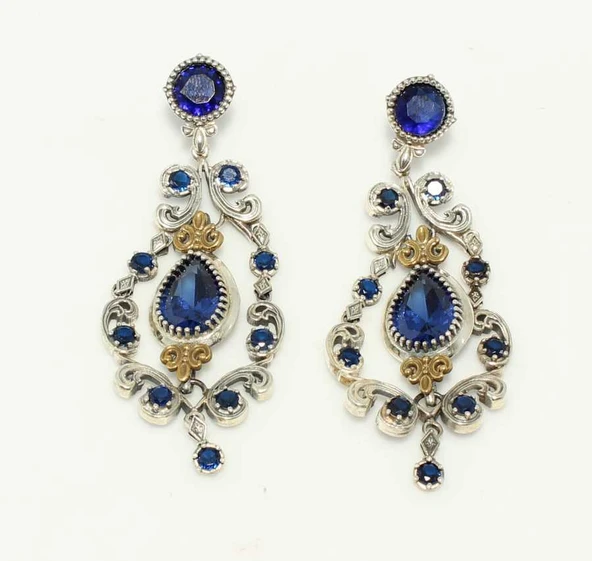 925 Ayar Gümüş ve Bronz Karışımı Mavi Safir Taşlı Otantik Küpe - Resim 4