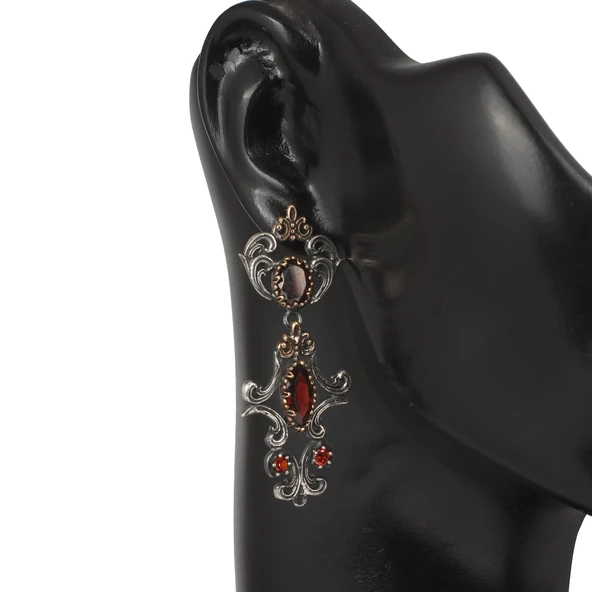 925 Ayar Gümüş ve Bronz Karışımı Garnet Taşlı Otantik Küpe - Resim 4