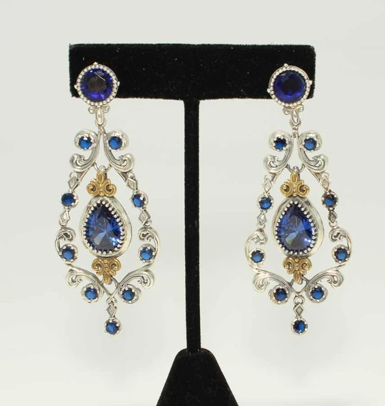 925 Ayar Gümüş ve Bronz Karışımı Mavi Safir Taşlı Otantik Küpe - Resim 3