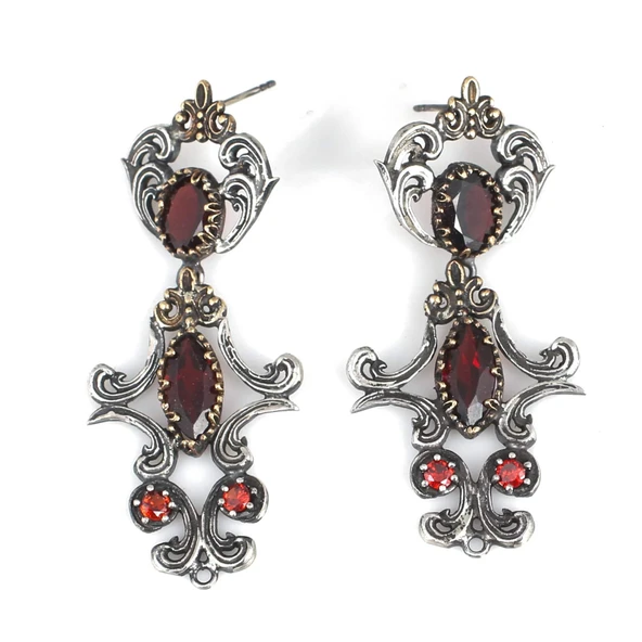 925 Ayar Gümüş ve Bronz Karışımı Garnet Taşlı Otantik Küpe - Resim 2