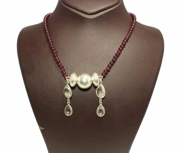 925 Ayar Gümüş Garnet ve Kuvars Taşlı Kolye - Resim 5