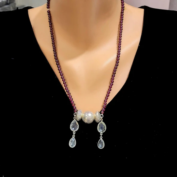 925 Ayar Gümüş Garnet ve Kuvars Taşlı Kolye ürün görseli